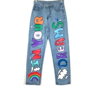 “In Your Dreams” Graffiti “Painted” High Waist Mom Jeans Size Small